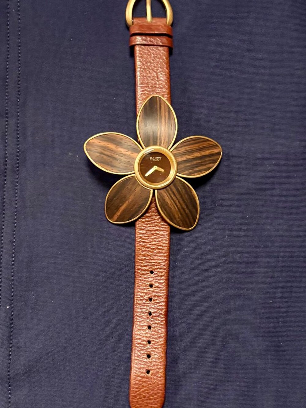 VTG Lucky Brand Wood Inlay Flower Statement Bracelet Cuff Watch Tan